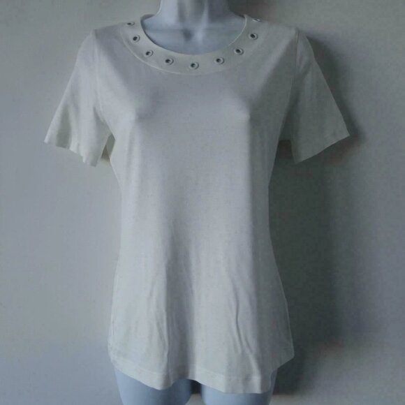New AKRIS White Round Neck Short Sleeve Modal Top w/ Rib Eyelet Detail Size 8 - Picture 1 of 7